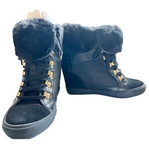 Aldo Copersito Fur Wedge Sneakers-Black